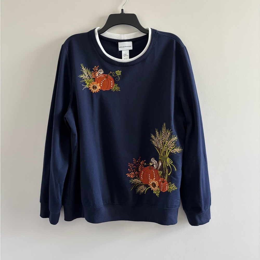 Alfred Dunner Pumpkins Top Sweatshirt Blue Womens L Squirrel Thanksgiving Fall